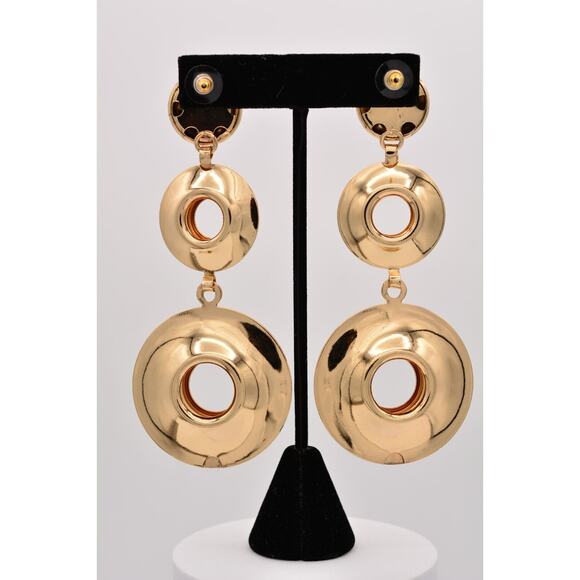 Vintage Chunky Dangle Earrings Shiny Gold Tone Puffy Metal Bold Long 1990s BinZ - Picture 10 of 12